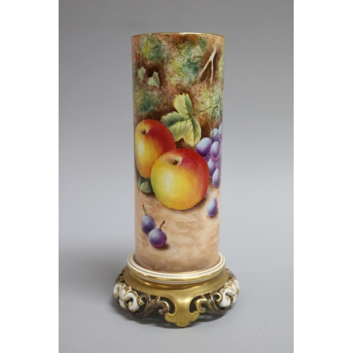 56 - Royal Worcester cylindrical vase with pierced base, painted with apples and grapes, signed R Lynes, ... 