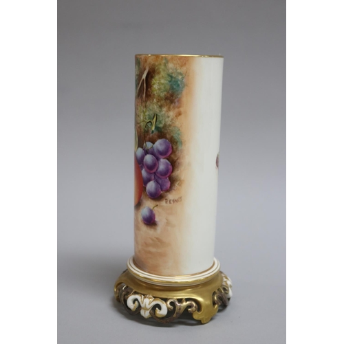 56 - Royal Worcester cylindrical vase with pierced base, painted with apples and grapes, signed R Lynes, ... 