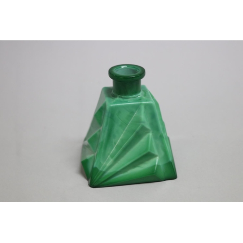 58 - Art Deco Czechoslovakian green Malachite glass perfume bottle with square, tapered bottle, each face... 