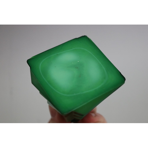 58 - Art Deco Czechoslovakian green Malachite glass perfume bottle with square, tapered bottle, each face... 