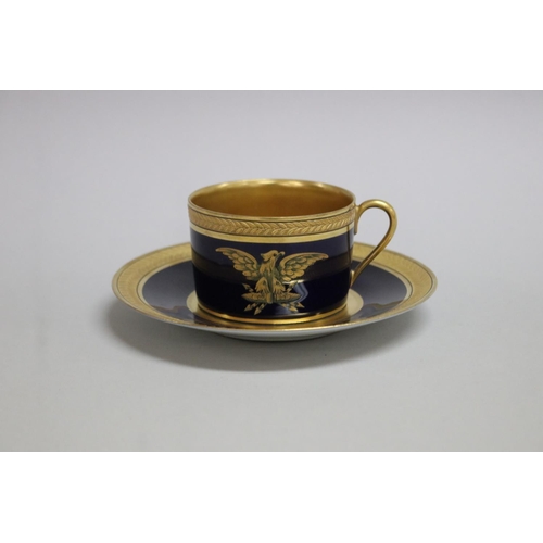 60 - French Jaget and Pinon, Tours, gold and cobalt blue Empire style coffee can and saucer, can decorate... 