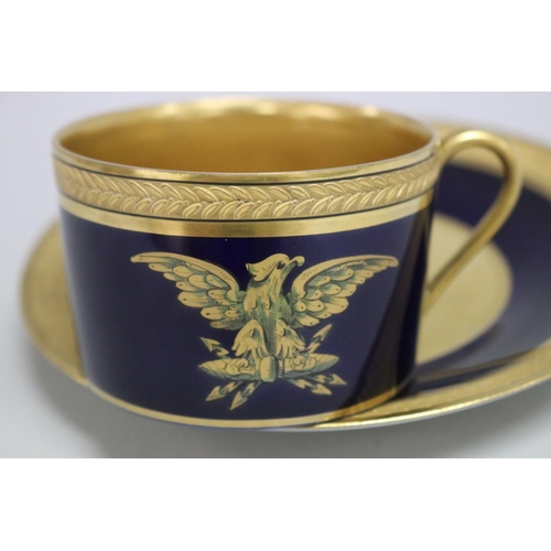 60 - French Jaget and Pinon, Tours, gold and cobalt blue Empire style coffee can and saucer, can decorate... 