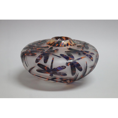 65 - Amanda Lauden, tortoise shell etched and overlaid glass squat vase with dragonflies, signed, approx ... 