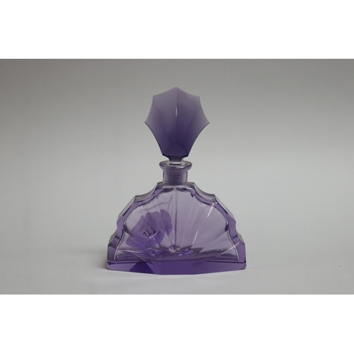 72 - Art Deco amethyst glass fan shaped scent bottle, approx 16cm H