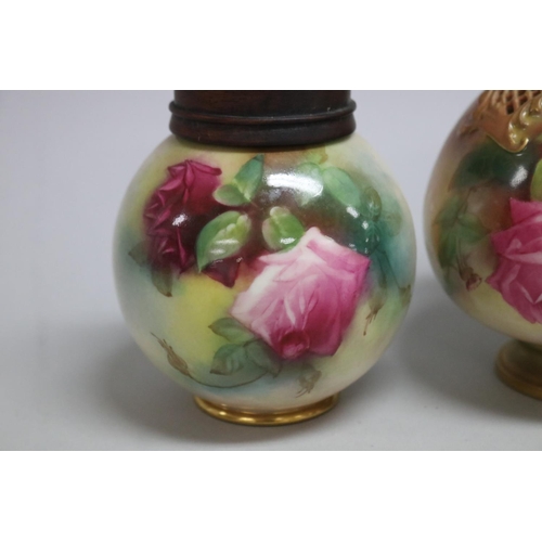 81 - Royal Worcester reticulated bottle vase painted with roses along with a similar pot pourri jar with ... 