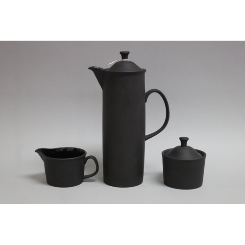 82 - Wedgwood black basalt coffee pot, sugar & cream, approx 26cm H & shorter (3)