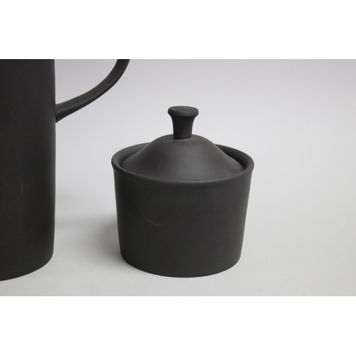82 - Wedgwood black basalt coffee pot, sugar & cream, approx 26cm H & shorter (3)