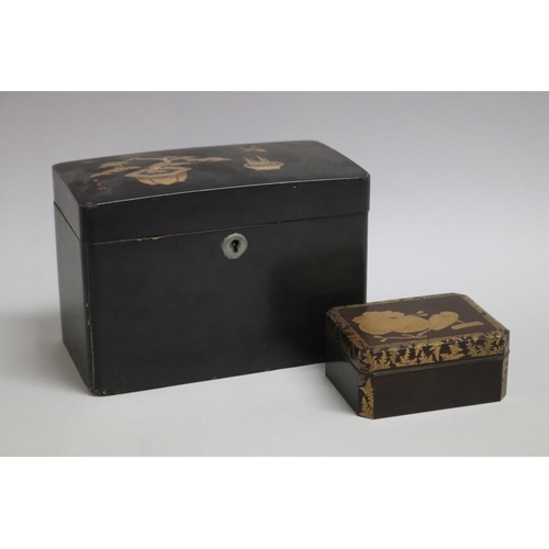 84 - Japanese lacquered tea caddy decorated with a wasp and bonsai and a Japanese lacquered card box, app... 