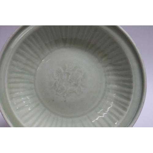 85 - Antique Celadon plate, floral decoration to centre,  with antique Dealers 100 year stamp to back, ap... 