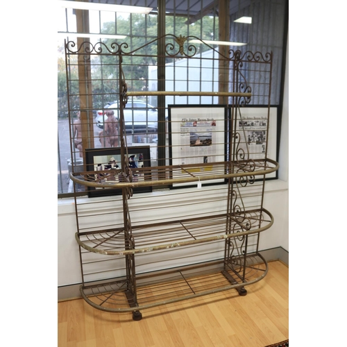 1001 - Antique French multi tiered iron bakers rack, with brass banded trim, approx 203cm H x 168cm L x 39c... 