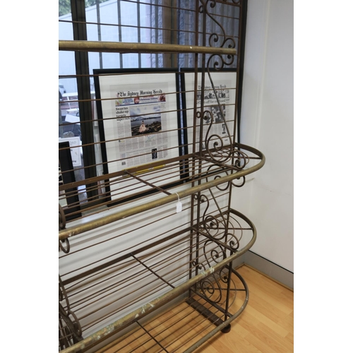 1001 - Antique French multi tiered iron bakers rack, with brass banded trim, approx 203cm H x 168cm L x 39c... 