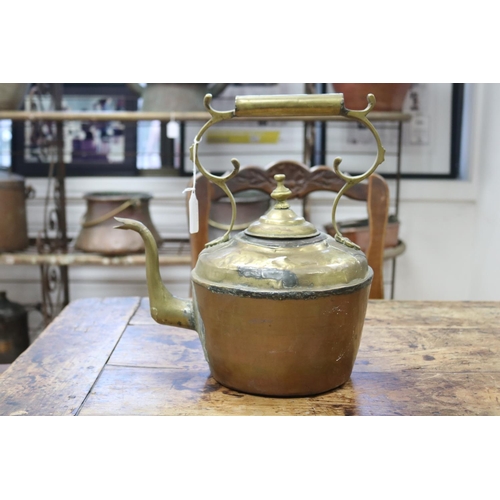 1006 - Antique French copper & brass teapot, approx 33cm H x 32cm L x 22cm W