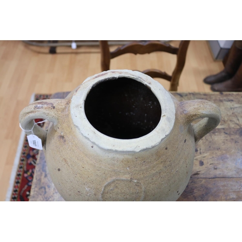 1007 - Large antique French glazed pottery double loop handled pot, approx 38cm H x 30cm Dia (excluding han... 