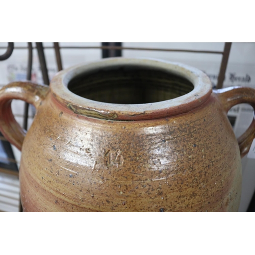 1009 - Large antique French glazed pottery pot, approx 44cm H x 33cm Dia (excluding handles)