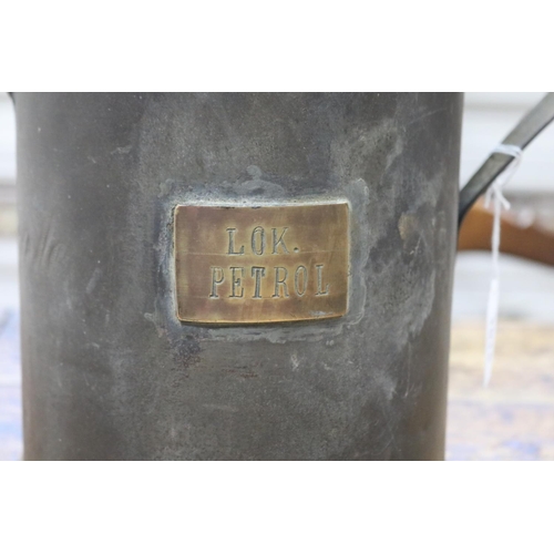 1014 - Antique French tin petrol pouring can, with attached brass plaque, approx 31cm H x 18cm Dia (excludi... 