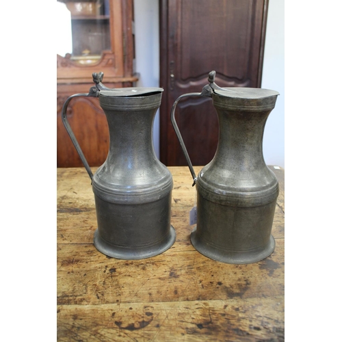 1033 - Pair of large antique French pewter flagons, with double acorn thumb pieces, approx 30cm H x 18cm Di... 