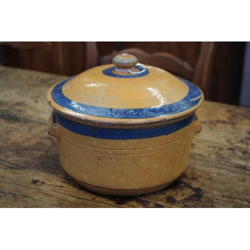 1036 - Antique French blue banded pottery twin handled lidded pot, approx 18cm H x 23cm Dia (excluding hand... 
