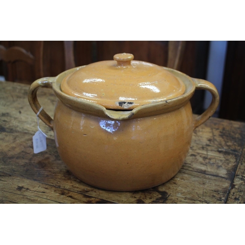 1037 - Antique French twin handled lidded pot, with pouring spout, approx 21cm X 25cm Dia (excluding handle... 