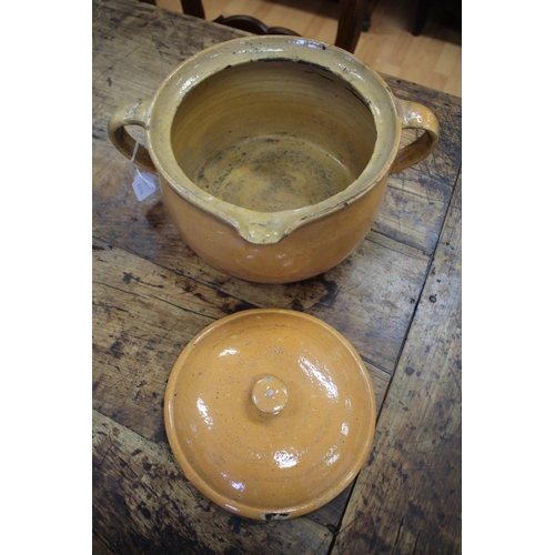 1037 - Antique French twin handled lidded pot, with pouring spout, approx 21cm X 25cm Dia (excluding handle... 