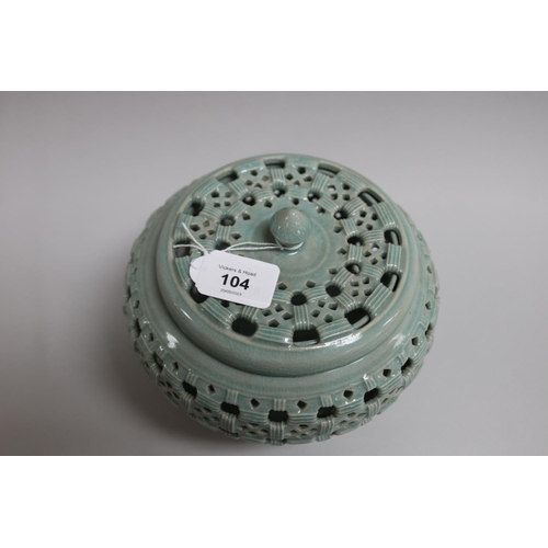 104 - Korean Goryeo style celadon reticulated lidded vase, signed to base, approx 18cm H