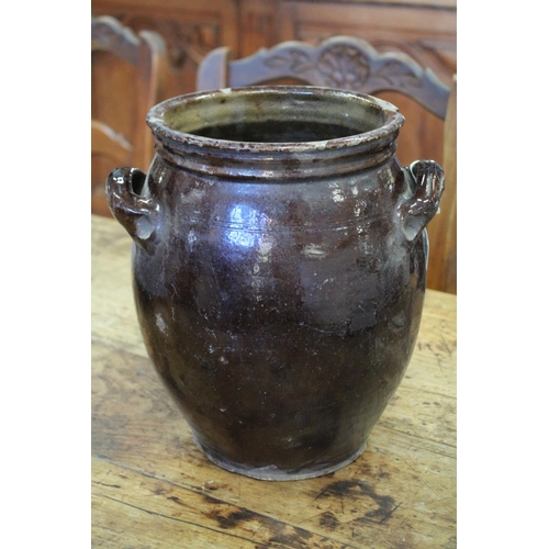 1041 - Antique large size French glazed twin handled confit pot, approx 27cm H x 22cm Dia (excluding handle... 