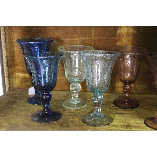 1044 - Eight French Biot coloured glasses, with etched Biot mark to base, along with another coloured examp... 