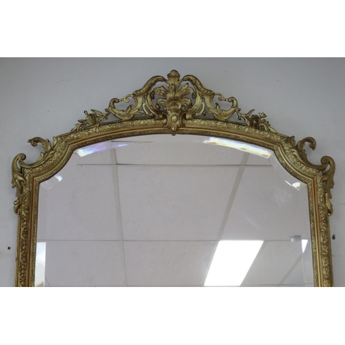1049 - Large antique French gilt surround salon mirror, stepped C scroll top corners with central pierced s... 