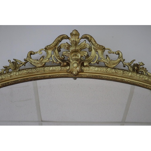 1049 - Large antique French gilt surround salon mirror, stepped C scroll top corners with central pierced s... 