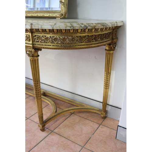 1050 - Fine quality French Louis XVI revival marble topped console, of D shape, with pierced frieze, all he... 