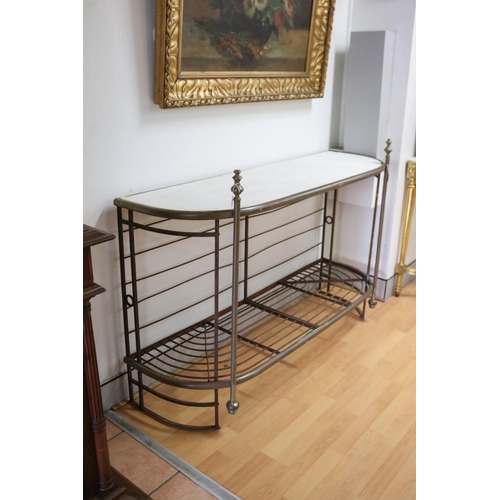 1054 - Antique French base section of a bakers rack, inset marble top, brass banded trim, approx 101cm H x ... 