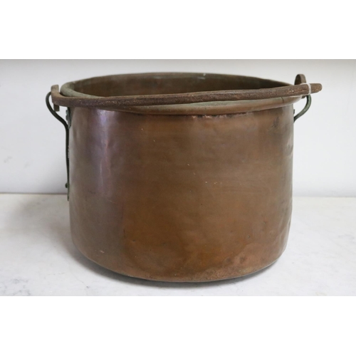 1055 - Large antique French copper and wrought iron swing handled pot, approx 24cm H x 23.5cm Dia (excludin... 