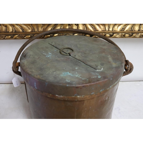 1056 - Large French copper and wrought iron swing handled lidded pot, approx 34cm H x 5cm Dia (excluding ha... 