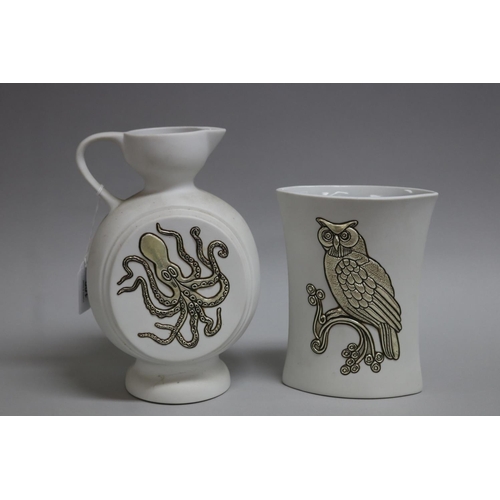 109 - Limoges vase with a silver octopus on both sides and a ewer with a single owl, marked 1000, approx 2... 