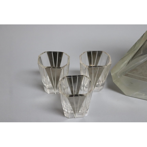 111 - Karl Palda style Art Deco liqueur decanter of triangular form with silver overlay and frosted detail... 
