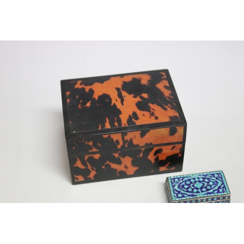 117 - Tortoise shell covered wooden box along with a small enamelled pill box of Islamic, approx 6cm H x 1... 