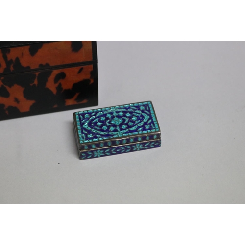 117 - Tortoise shell covered wooden box along with a small enamelled pill box of Islamic, approx 6cm H x 1... 
