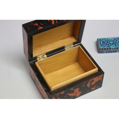 117 - Tortoise shell covered wooden box along with a small enamelled pill box of Islamic, approx 6cm H x 1... 