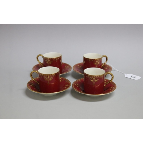 118 - Set of four crimson ground Royal Worcester coffee cans and saucers, retailed by Hardy Bros (4)