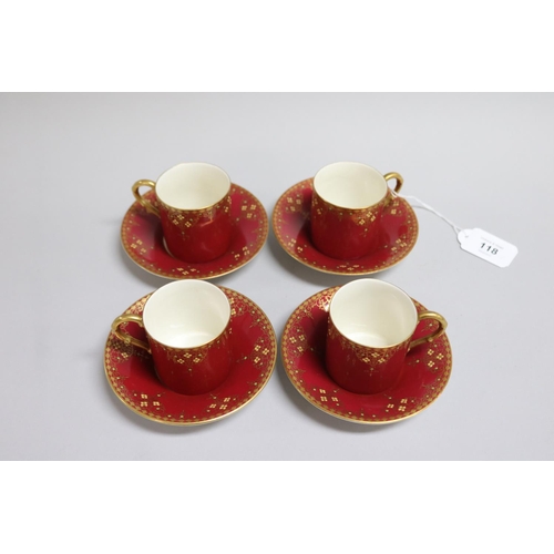118 - Set of four crimson ground Royal Worcester coffee cans and saucers, retailed by Hardy Bros (4)