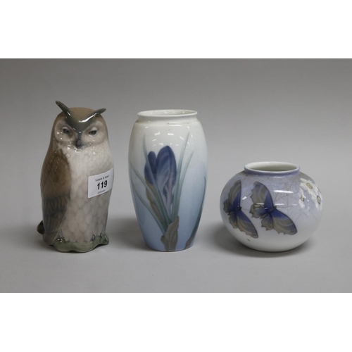 119 - Collection of Danish porcelain, Royal Copenhagen butterfly squat vase and an owl figure along with a... 
