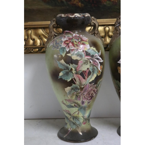 236 - Pair of Japanese twin handled vases decorated with roses, one with chip to rim, each approx 46cm H (... 