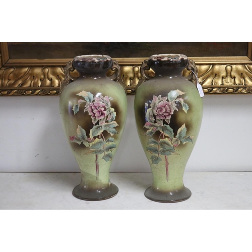 236 - Pair of Japanese twin handled vases decorated with roses, one with chip to rim, each approx 46cm H (... 