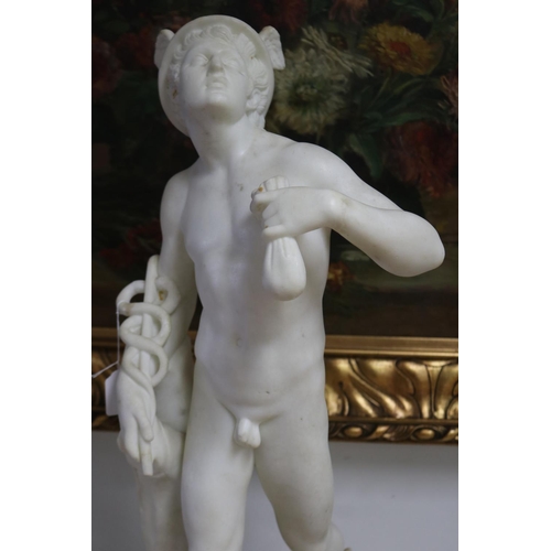 237 - Italian white marble statue of Hermes, on carved marble base, approx 77cm H