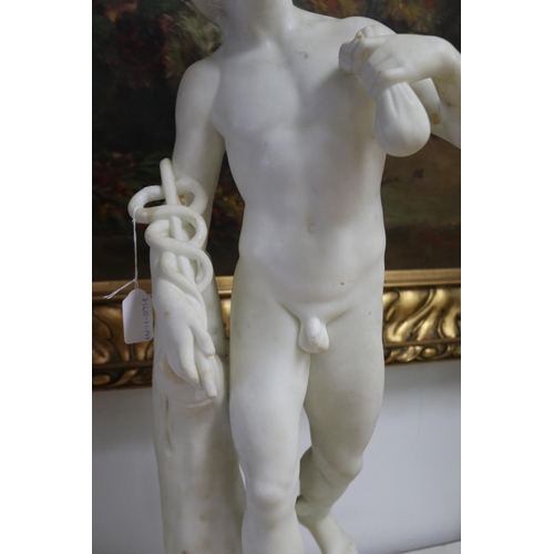 237 - Italian white marble statue of Hermes, on carved marble base, approx 77cm H