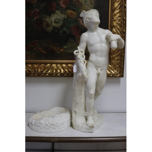 237 - Italian white marble statue of Hermes, on carved marble base, approx 77cm H