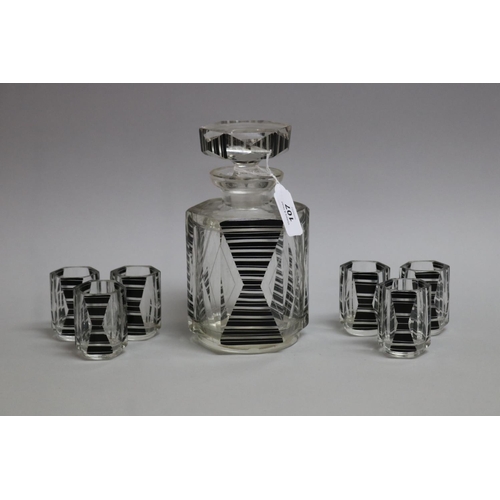 107 - Karl Palda style Art Deco liqueur decanter of octangular form with engraved black enamel decoration ... 