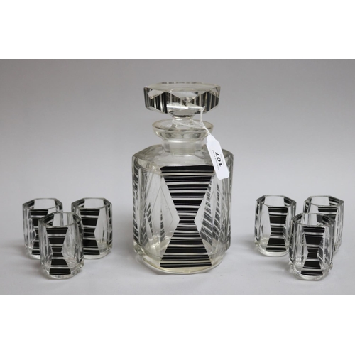 107 - Karl Palda style Art Deco liqueur decanter of octangular form with engraved black enamel decoration ... 