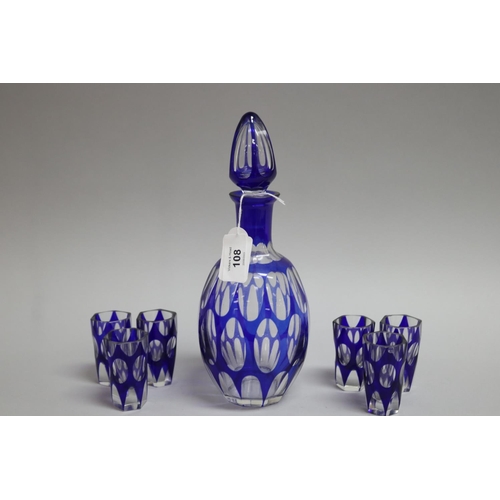 108 - Art Deco Bohemian blue overlaid glass liqueur set with decanter and six matching glasses, approx 25c... 