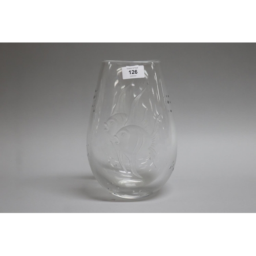 126 - Orrefors etched glass glass vase with angelfish design, signed to base, approx 25cm H