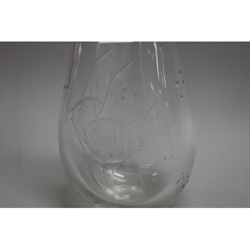 126 - Orrefors etched glass glass vase with angelfish design, signed to base, approx 25cm H